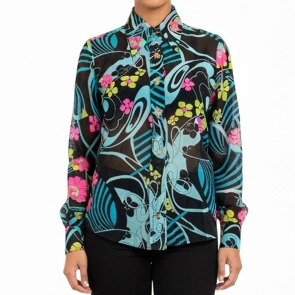 Ring Alee Veeo Vintage Sheer Floral Abstract Blouse Sz 11/12 Artsy Resort Boho